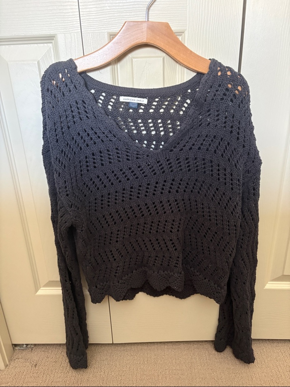 American Eagle Outfitters Black Open-Knit V-Neck Sweater